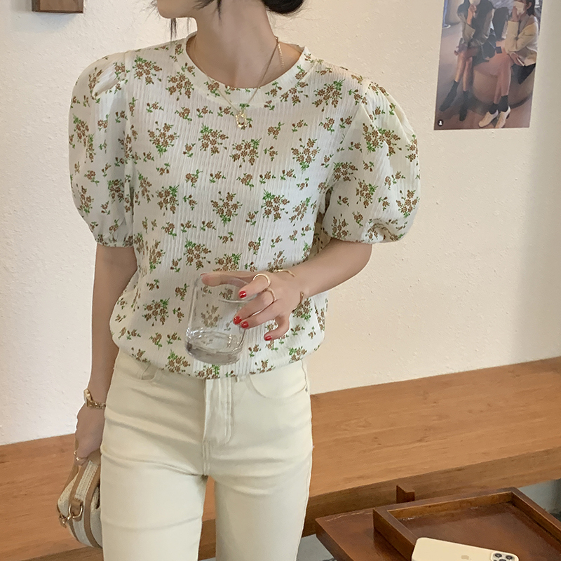 Real shot spring and summer Korean new loose and versatile short sleeve shirt with bubble sleeves