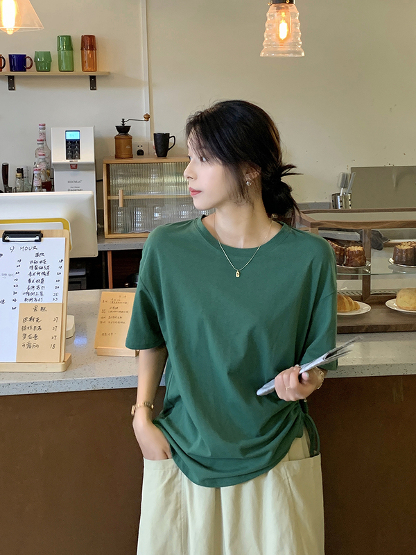 Real shot summer Korean new loose and versatile split drawstring slim short sleeve T-shirt real price