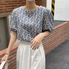 Real shot spring and summer Korean version new retro versatile bubble sleeve floral short sleeve shirt real price