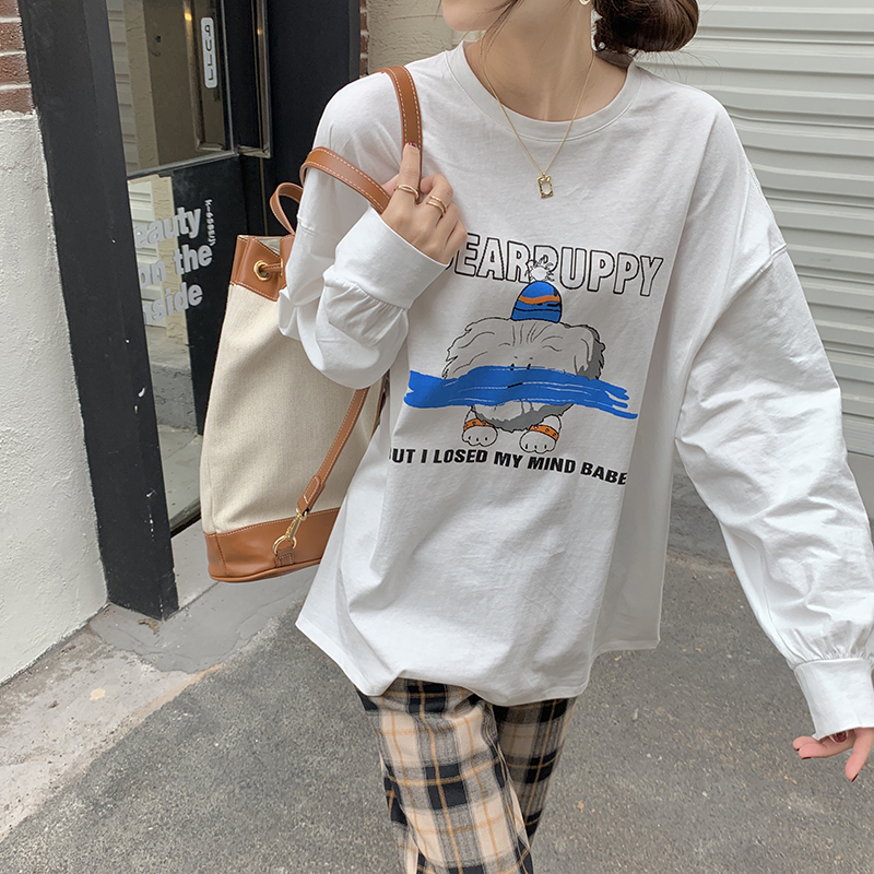 Real shot spring Korean new loose and versatile cartoon printed round neck long sleeve T-shirt real price