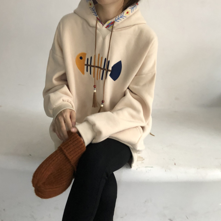Real shot winter Korean new loose and versatile embroidered Plush Hoodie real price