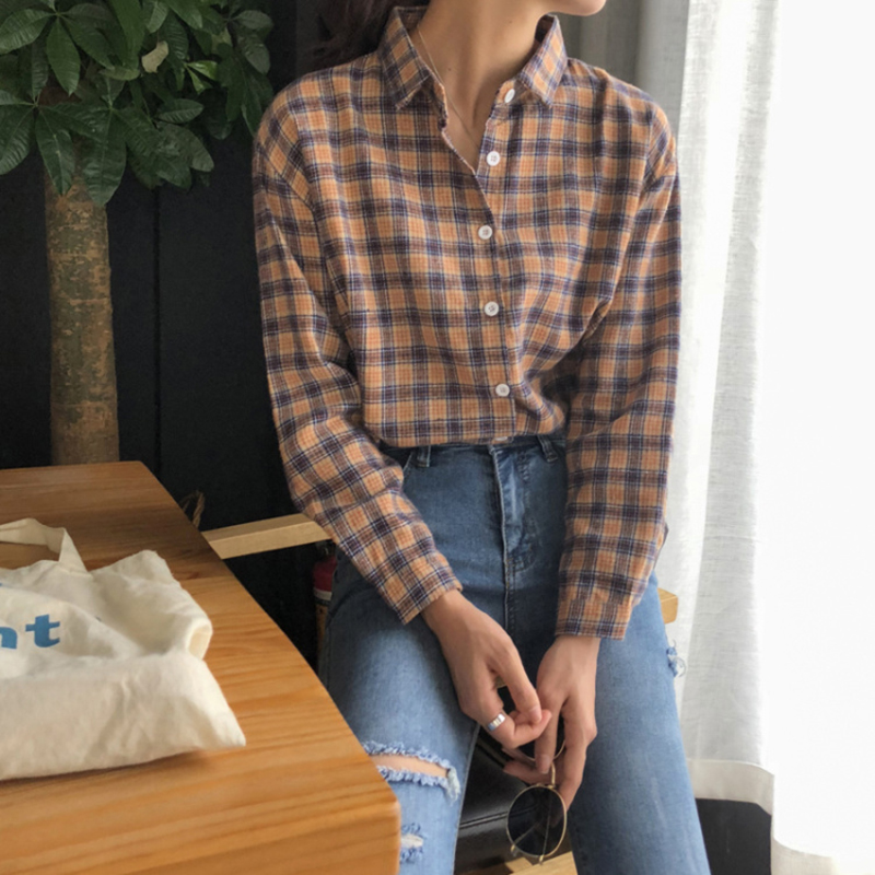 Real shot Korean version new retro Plaid polo collar loose and versatile long sleeve shirt real price