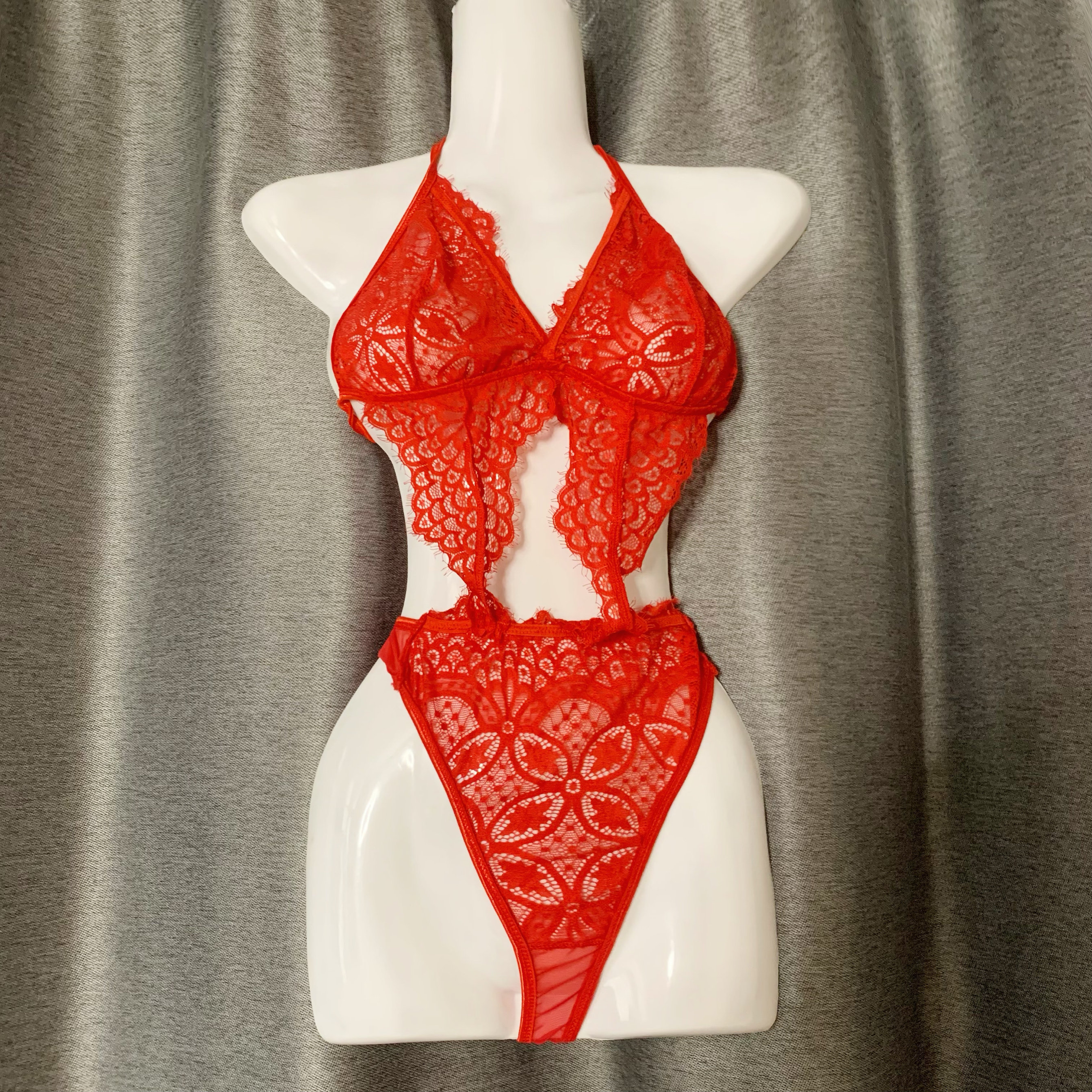 纯欲风透明薄款挂脖内衣睡衣性感蕾丝超薄欧美大码情调