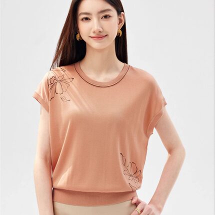 夏款针织莱赛尔天丝抽花朵圆领短袖女上衣5125131