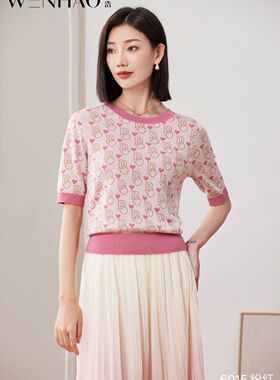 文浩丝华天丝秋款服装亲肤针织衫上衣中袖圆领字母306015