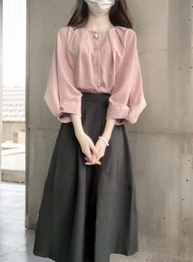 夏装女装2025新款浅粉色衬衫百褶半身裙夏季御姐轻熟风穿搭套装