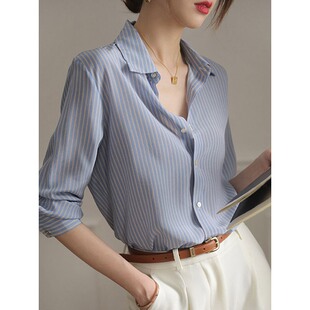 深秋初冬穿搭外套女港风复古宽松显瘦休闲通勤长袖蓝色条纹衬衫