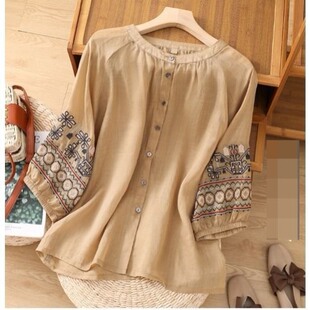 今年流行的女装上衣刺绣灯笼袖春夏民风排扣宽松显瘦2024棉麻衬衫