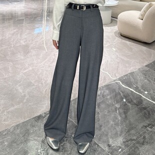 裤子女款女春季新品高腰垂感直筒西装系腰带烟灰色休闲西裤阔腿裤