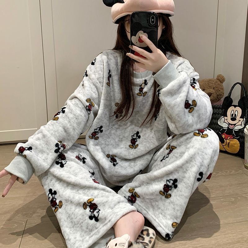 睡衣女秋冬ins风高颜值加厚长袖保暖法兰绒宽松珊瑚绒家居服套装