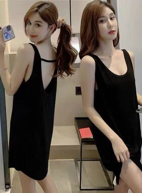 睡裙女夏性感无袖背心宽松薄款纯露背中长款纯欲风吊带睡衣家居服