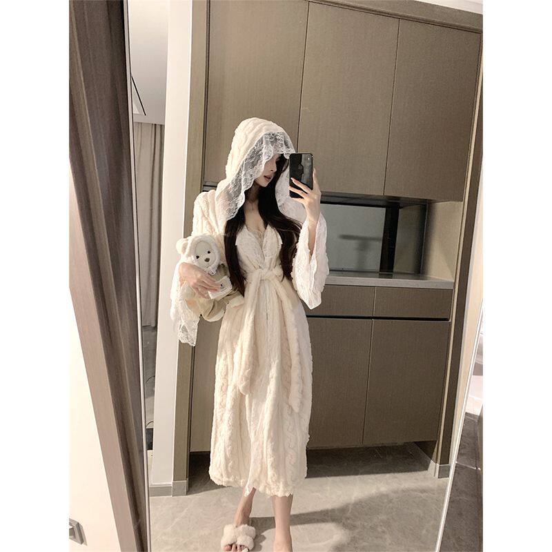 珊瑚绒加厚睡袍连帽蕾丝公主风超仙法式性感浴袍睡衣女秋冬家居服