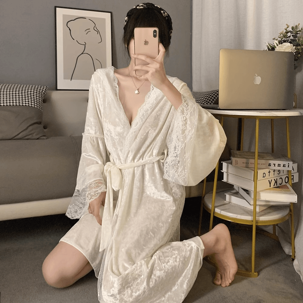 睡衣女秋冬季长袖性感睡袍长款连帽蕾丝纯欲宫廷风浴袍春秋家居服