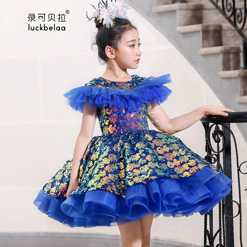 粉蓝色女童晚宴礼服裙女童模特走秀演出服公主礼服女童主持人礼服