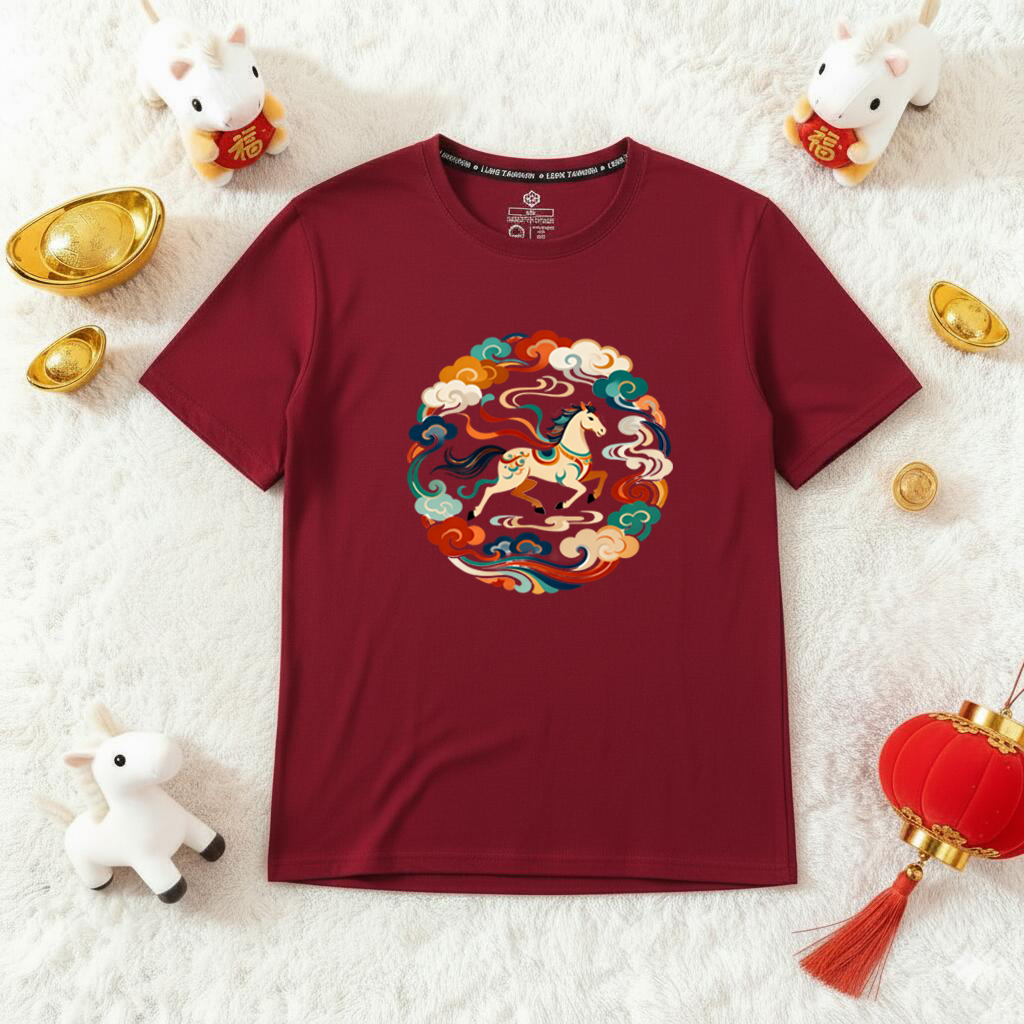 2026年新款短袖酒红色敦煌马中国风国潮男女款喜庆生肖马年衣服