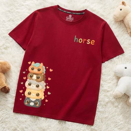 2026年horse新年本命年短袖T恤酒红色可爱小马拜年服跨年元旦衣服