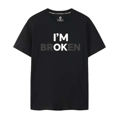 2025短袖T恤趣味印花纯棉圆领情侣I'M OK broken 我坏了网络爆梗