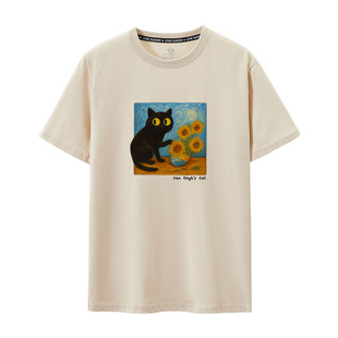 2025款短袖T恤趣味恶搞梵高的猫打翻向日葵世界名画纯棉夏季半袖