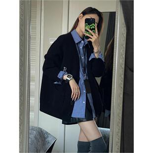 春秋复古慵懒宽松针织开衫毛衣外套女格纹百搭长袖衬衫两件套装