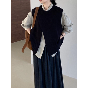 百搭宽松简约纯色衬衫 开叉针织毛衣马甲 套头无袖 洋气两件套时尚
