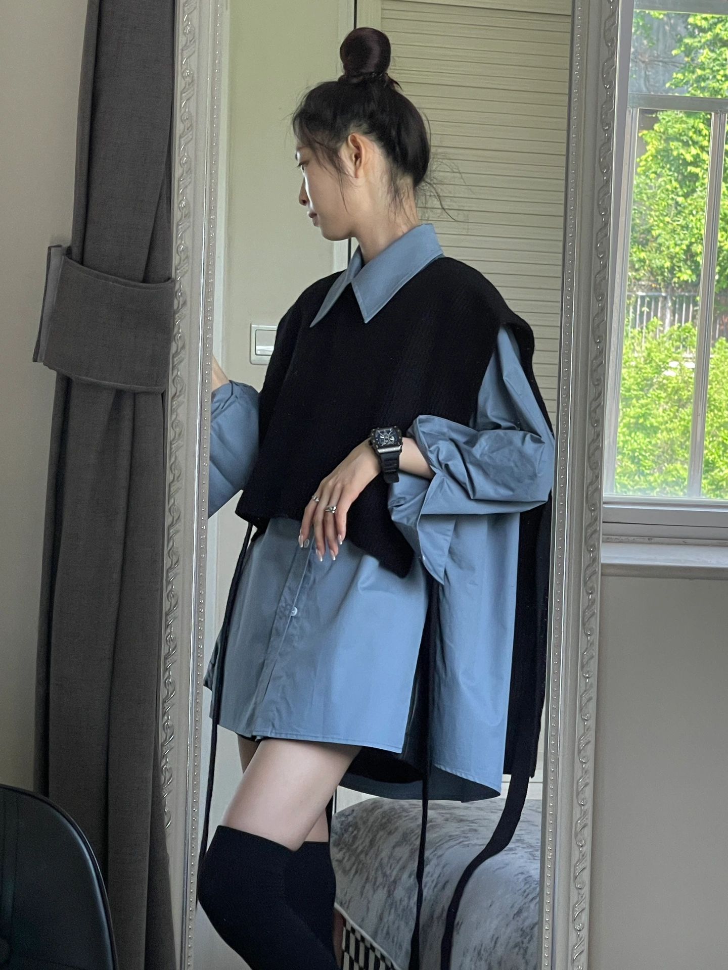 茶系韩版宽松针织毛衣外搭马甲披肩蓝色长袖衬衣女时尚春秋两件套