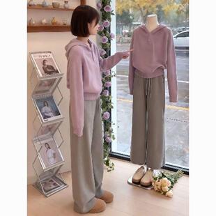 韩系氛围感穿搭独特漂亮减龄款连帽针织衫毛衣显瘦休闲裤两件套女