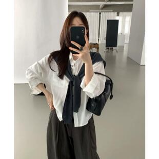 韩系学院风宽松polo领纯色衬衫简约百搭叠穿针织披肩女shis两件套