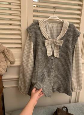 套装格纹衬衫学院风马甲