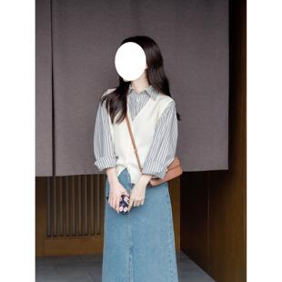 春秋季简约小清新无袖开衫马甲针织背心女+显瘦条纹衬衫两件套装
