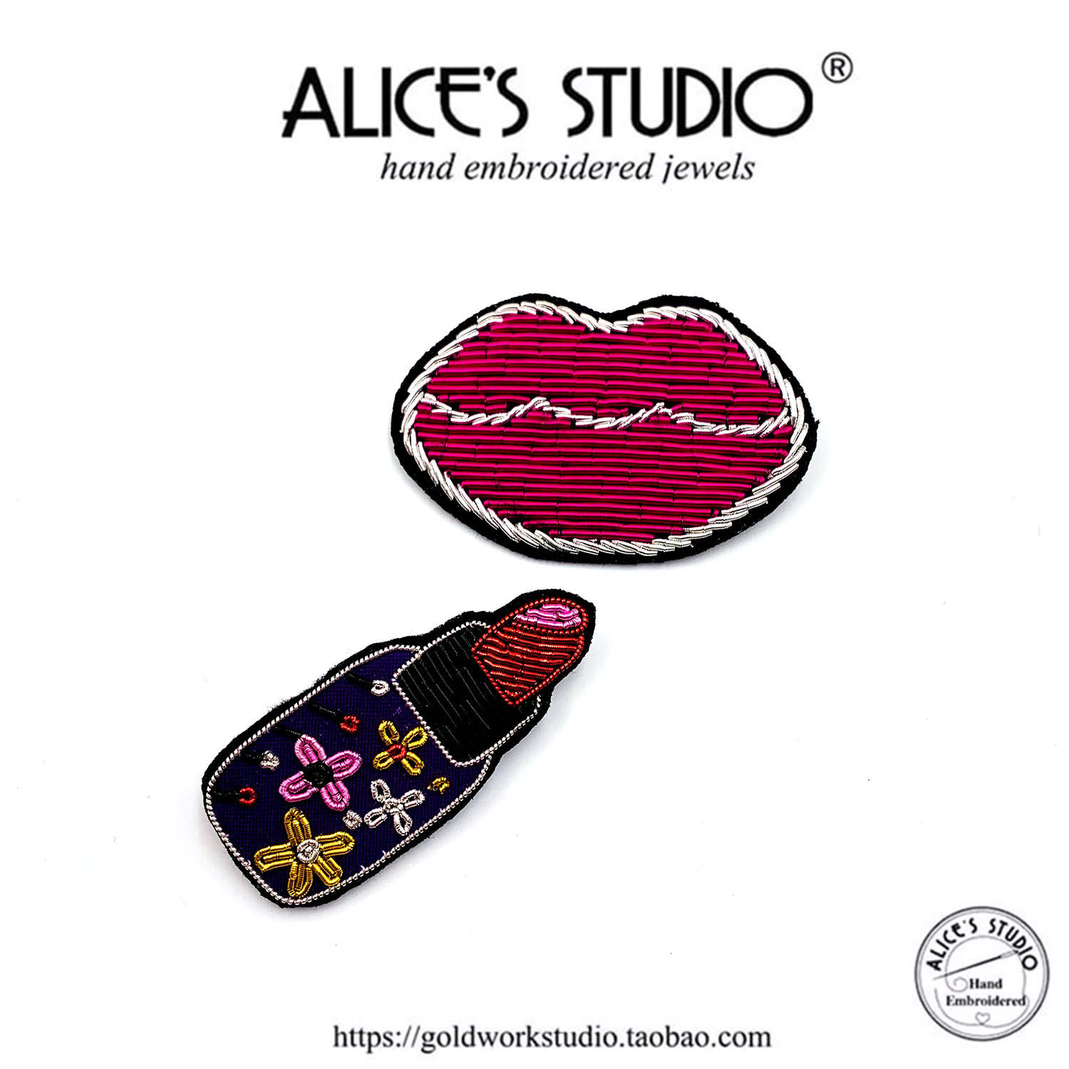 ALICE STUDIO新款进口手工刺绣靓妹嘴唇口红胸针配饰别致胸花别针