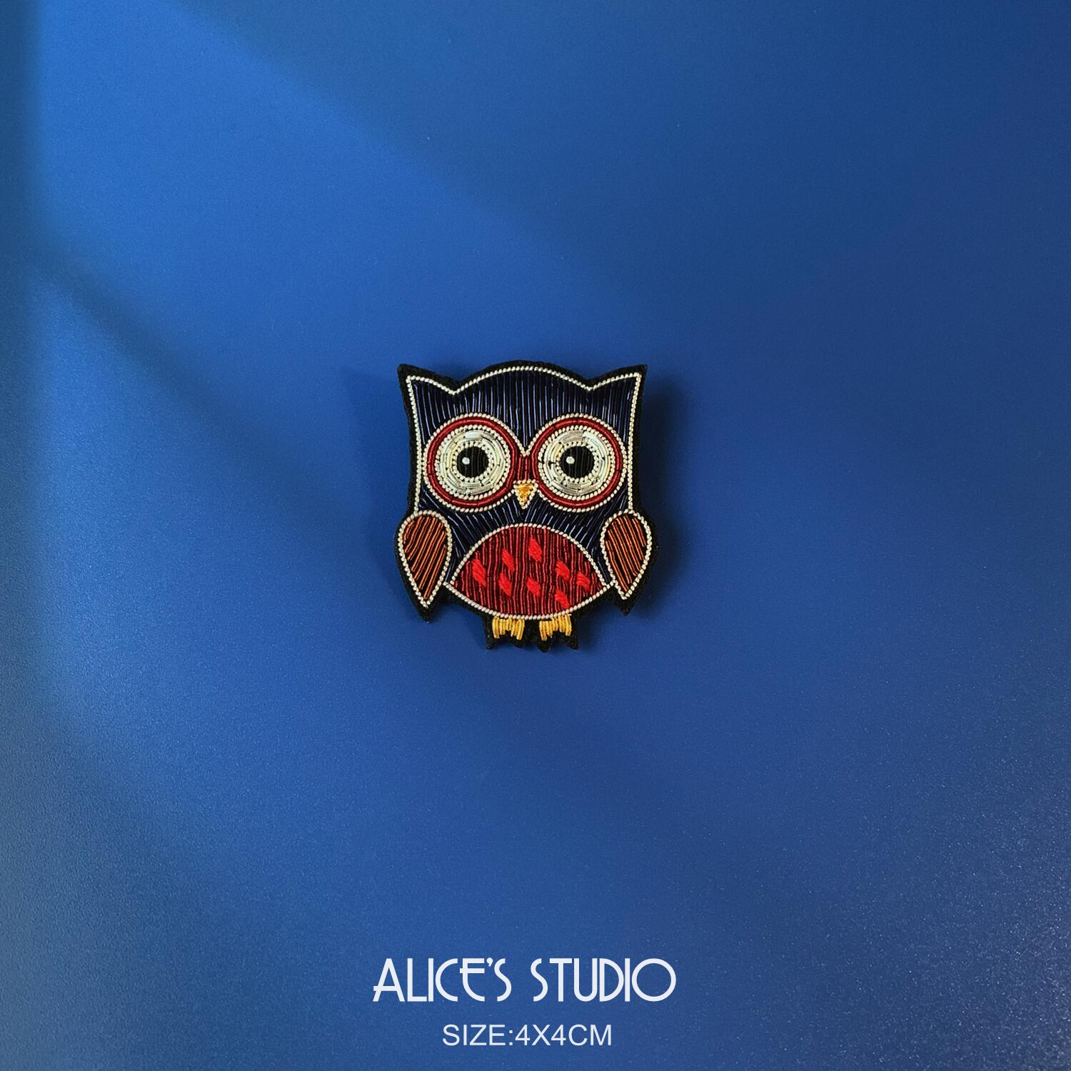 欧美新品手工刺绣金属丝镶钻手工刺绣可爱猫头鹰胸针情侣配饰徽章
