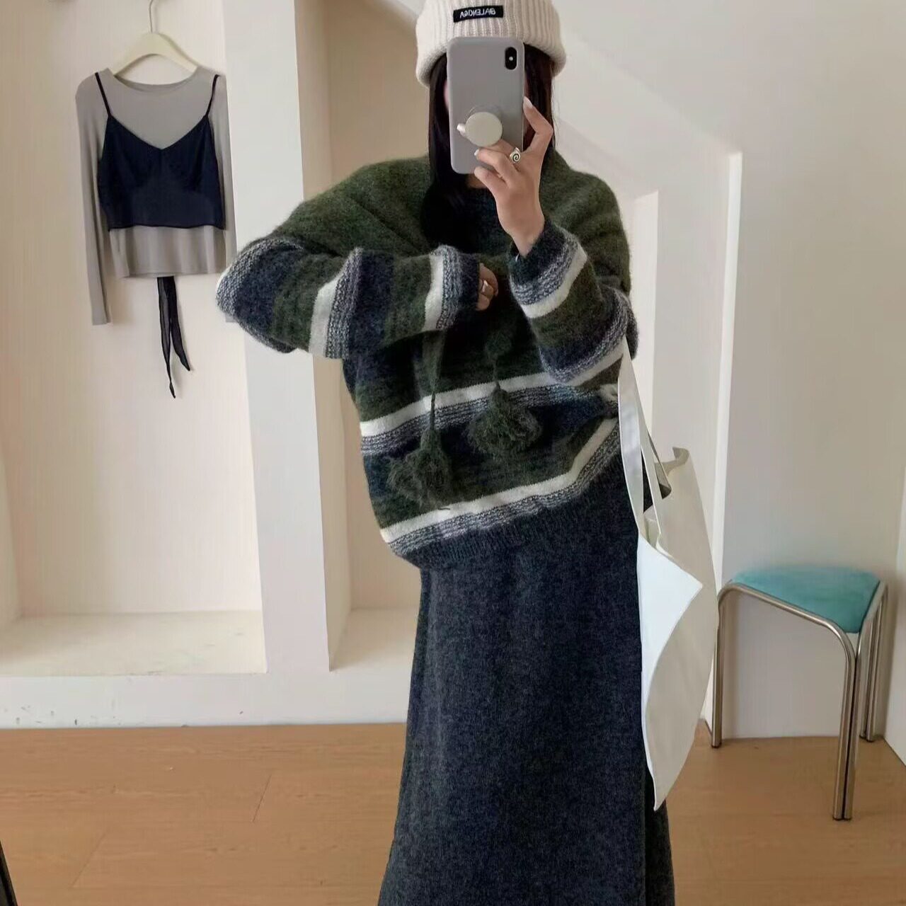 条纹针织衫毛衣半身裙披肩三件套毛针织衫