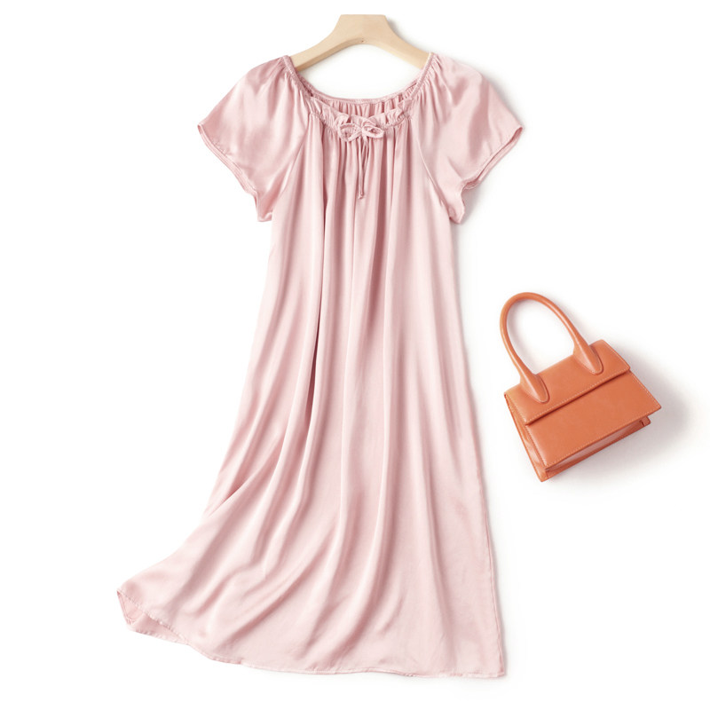 여성을위한 실크 잠옷 여름 느슨한 반팔 중간 길이 잠옷 뽕나무 실크 공주 스위트 스타일 실크 가정 의류