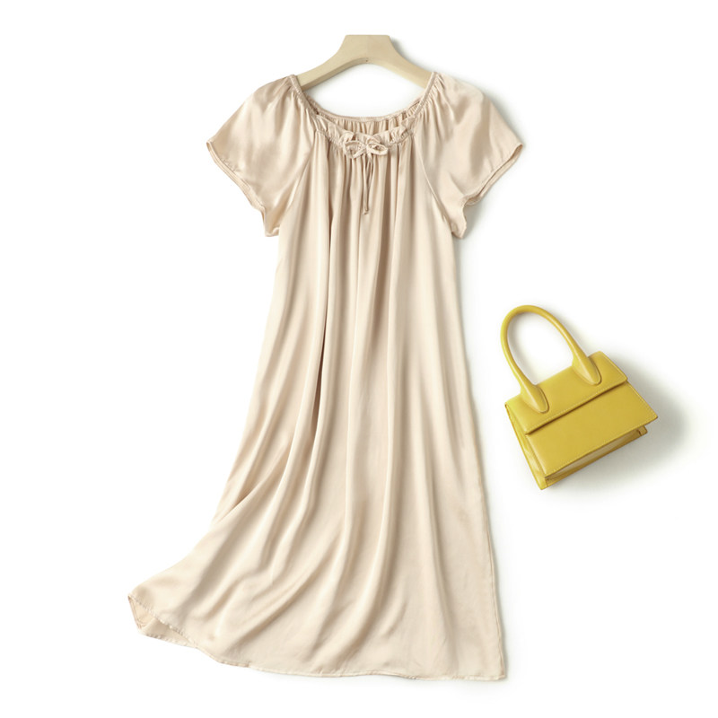 여성을위한 실크 잠옷 여름 느슨한 반팔 중간 길이 잠옷 뽕나무 실크 공주 스위트 스타일 실크 가정 의류