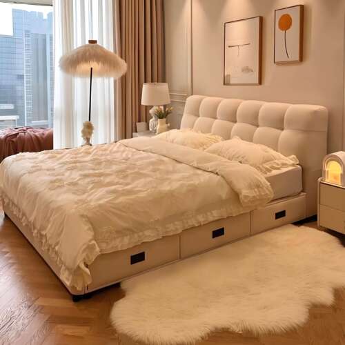 奶油风科技布软包储物布艺床