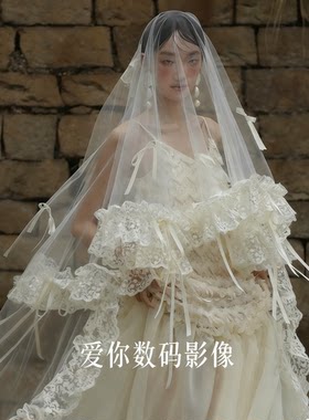 法式新款新娘头纱高级感超仙蕾丝蝴蝶结遮面结婚复古婚纱旅拍道具