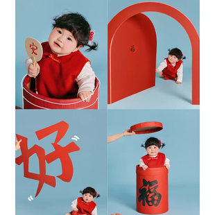 2026新年宝宝摄影背景道具红色拱门影楼拍照道具灯笼福红色蝴蝶结