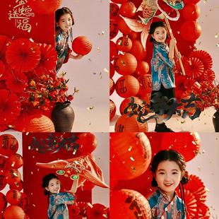 新年儿童摄影拍照道具纸拉花龙红灯笼卷轴对联红扇子过年装饰摆件