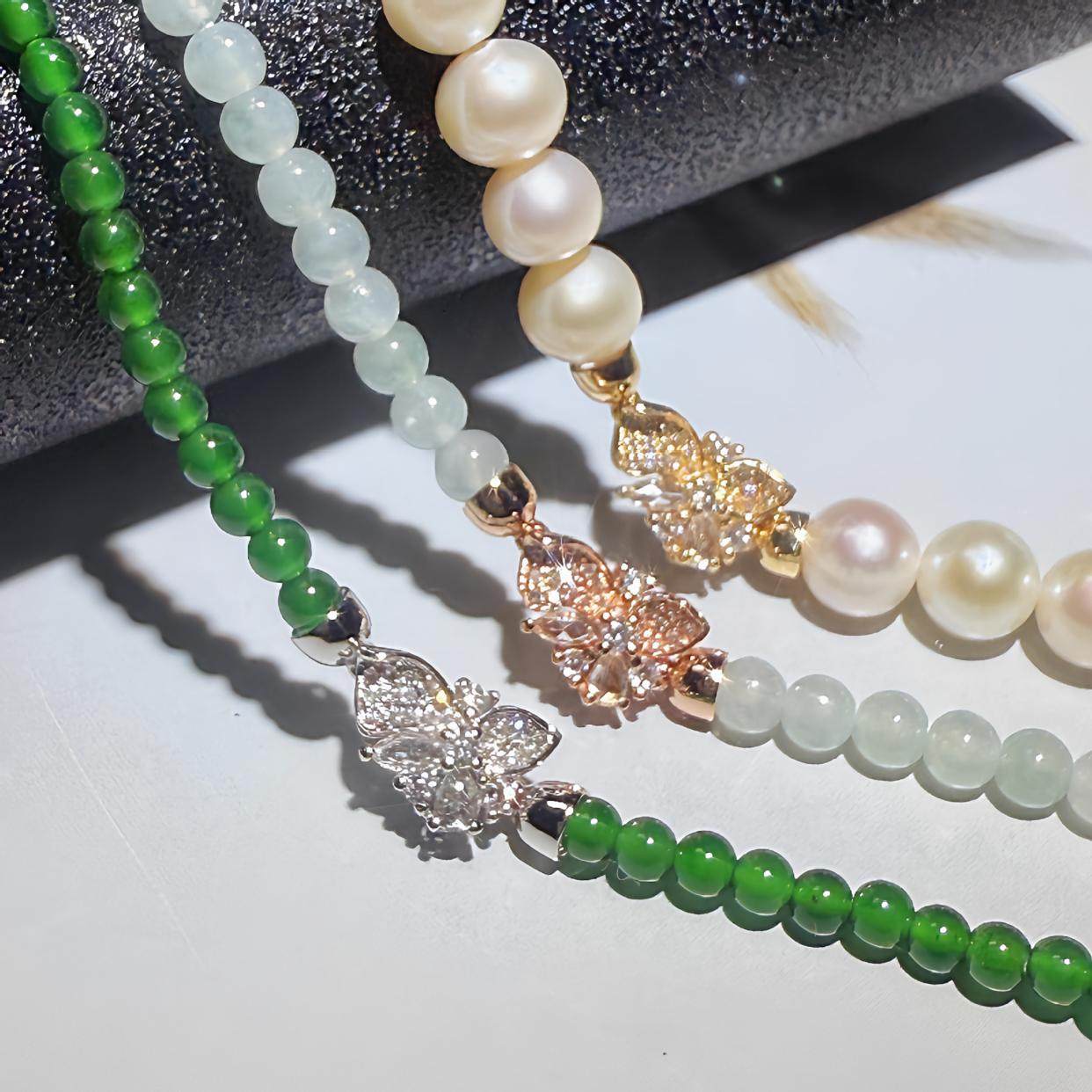 18K金镶嵌钻石珍珠项链黄金色扣头翡翠珠搭扣AU750配件珠子连接扣