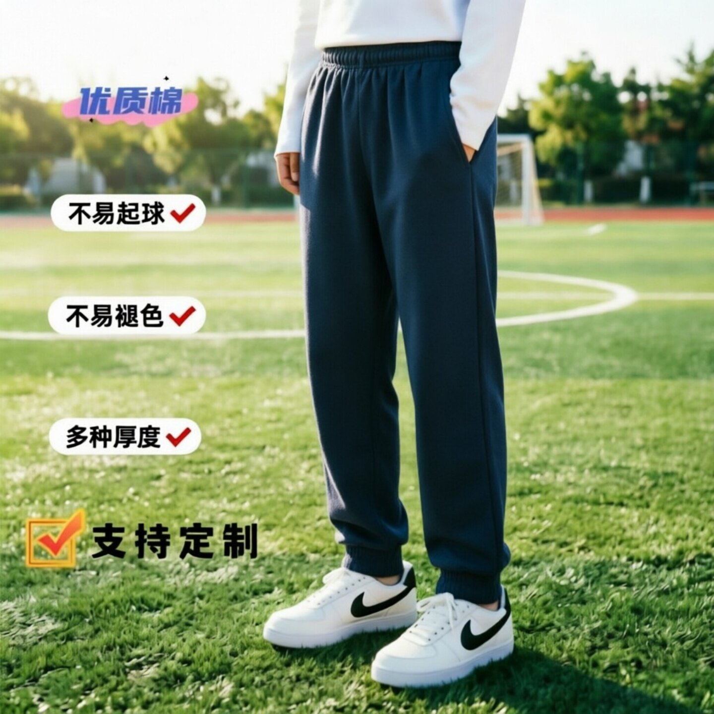 春夏秋全棉长裤藏青纯色男女运动裤生学生收口裤校服裤宽松