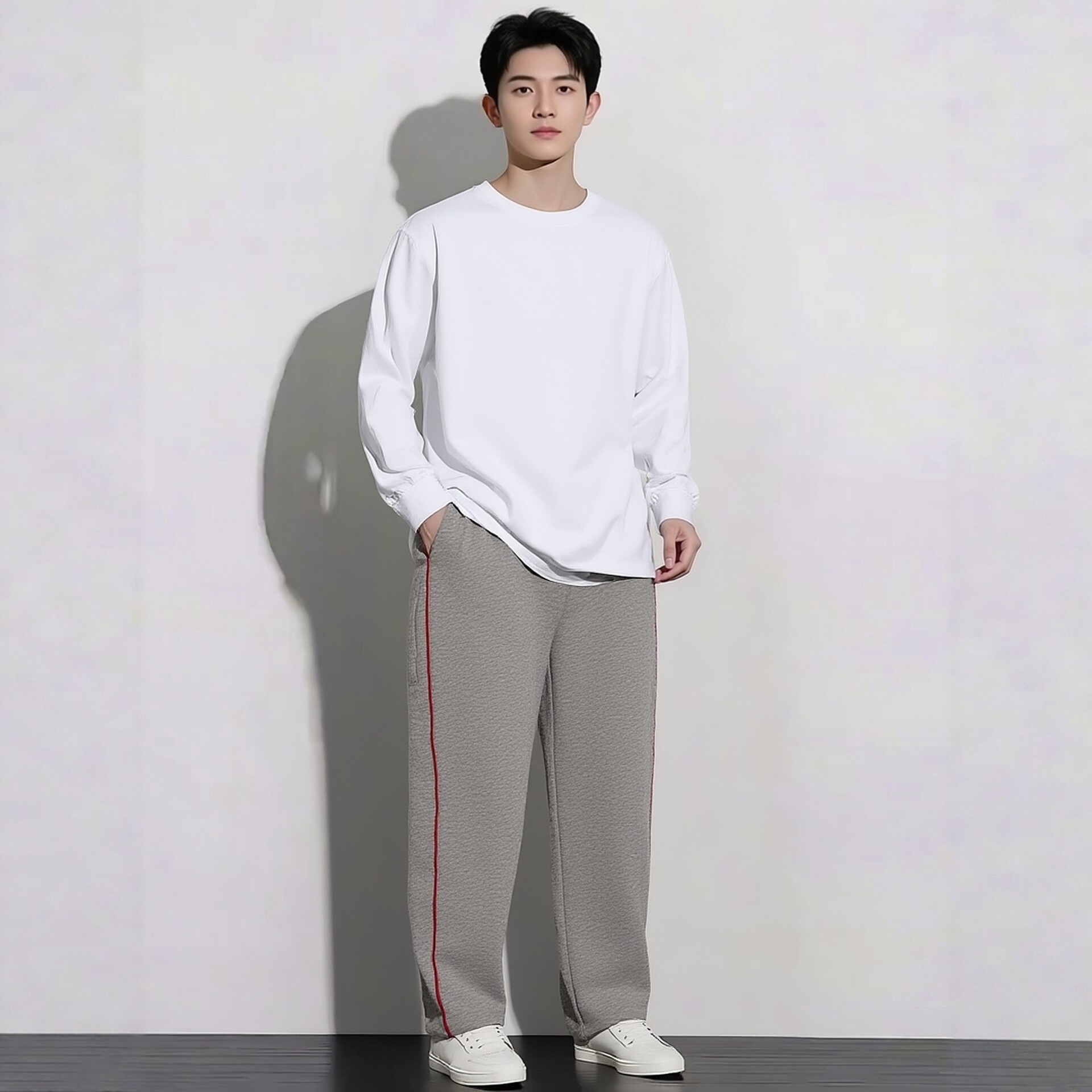 定制春夏秋冬季全棉学生灰色校裤镶酒红细边长裤直筒裤男女运动裤