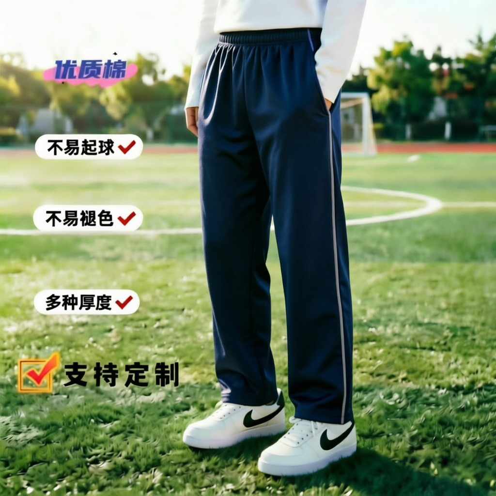定制全棉春夏秋季薄款藏青镶灰边清潭学校成人男女运动宽松高腰裤