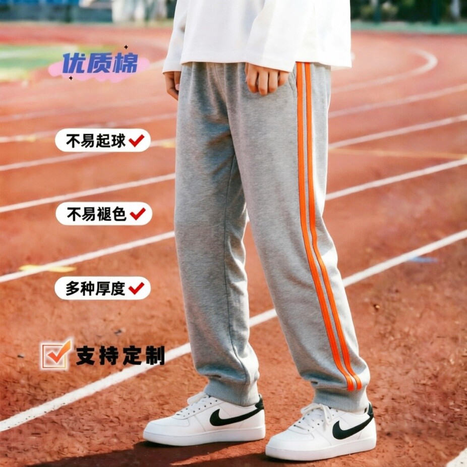 定制春秋夏季全棉灰色镶2杠桔色条收口男女运动校服卫裤宽松长裤