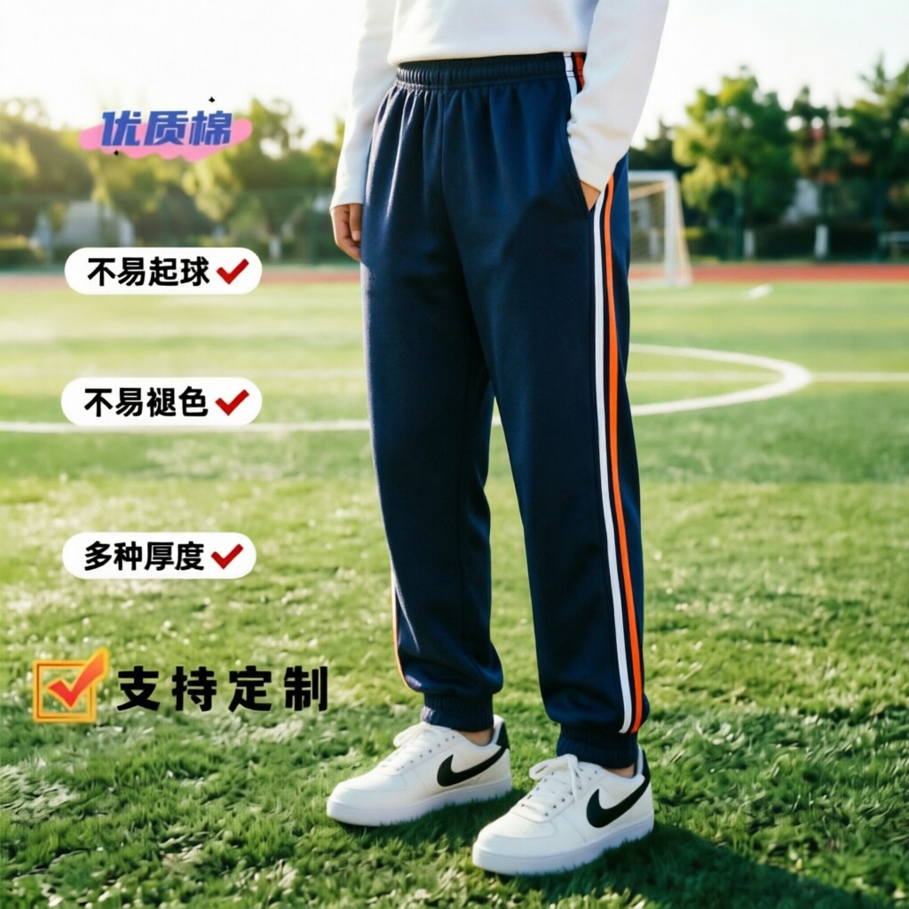 定制嘉一中同款春夏季薄款白桔杠全棉束脚男女舒适运动校服裤