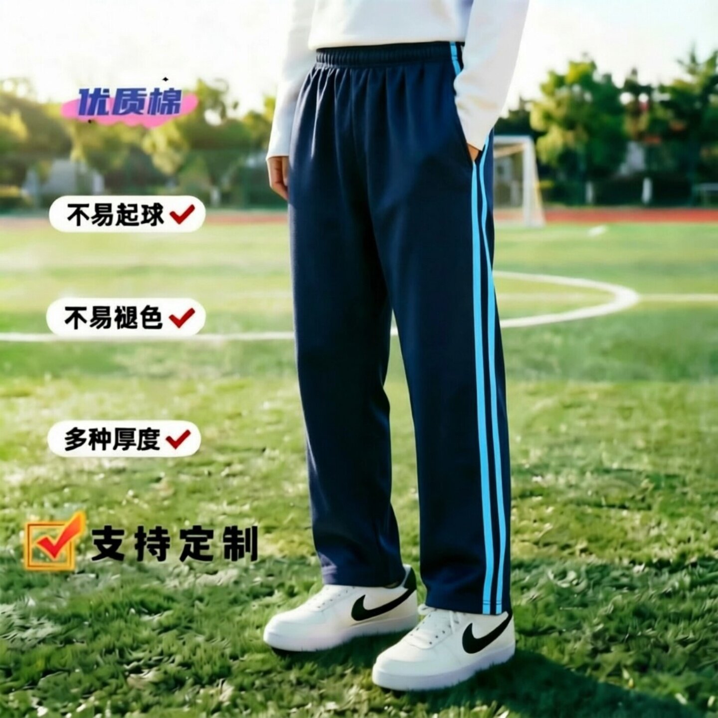 藏青全棉春夏秋季薄款镶天蓝双杠中小学生成人男女运动宽松高腰裤