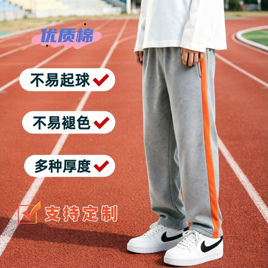 新款定制春夏秋款男女浅灰色桔宽边儿童中小学生校服裤成人运动裤