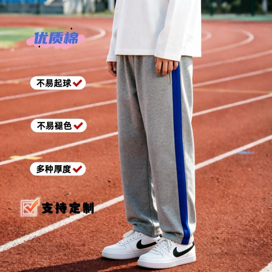 定制春夏秋季全棉灰色镶宝蓝宽边直筒运动学生校服裤男女卫裤长裤