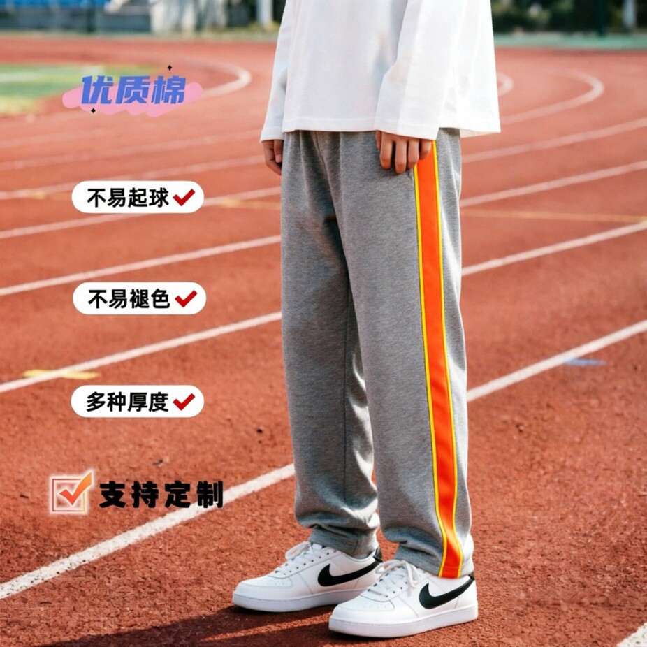 运动裤起订男女灰色镶桔宽两侧黄细边休闲裤学生青少年中性裤春夏