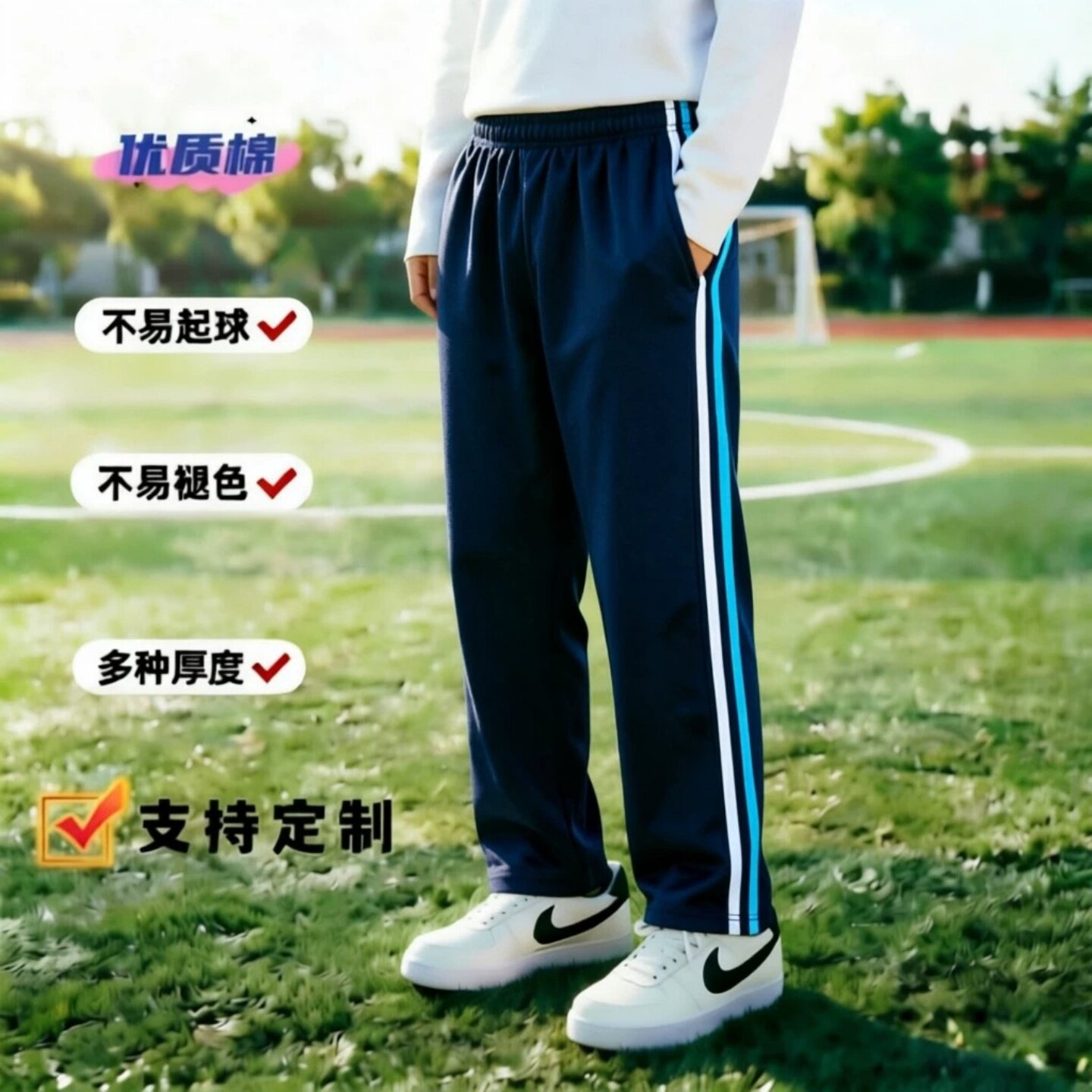 春夏秋薄款全棉运动裤高腰宽松中小学生前白后天蓝直筒休闲中性裤