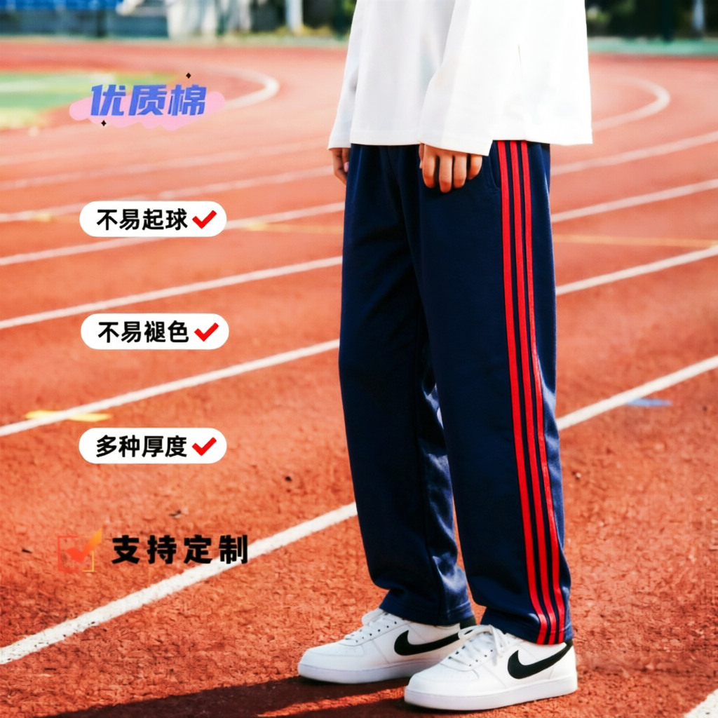 春夏薄款运动裤全棉浅藏青镶3道杠红色直筒宽松男女运动裤校服裤